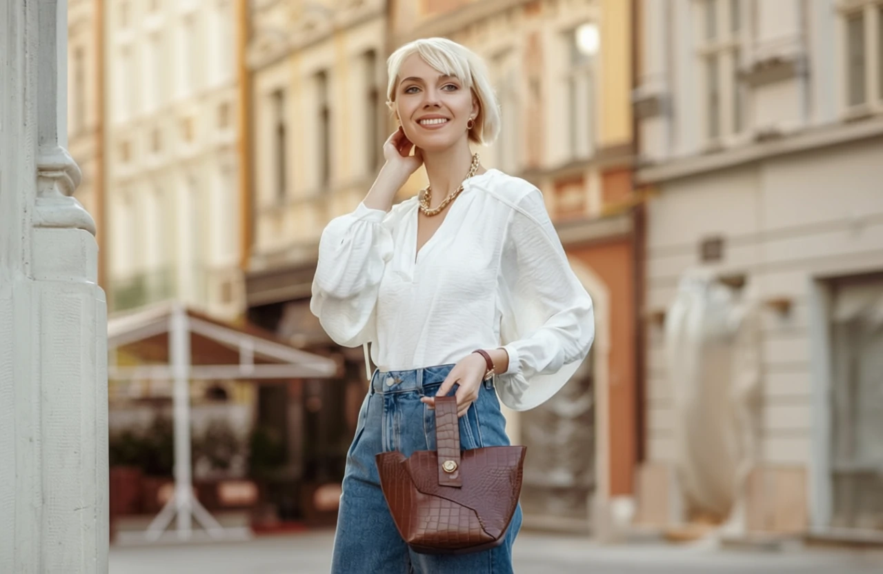 camisa blanca jean y cartera primavera verano mujer feliz
